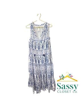 ✨ TOMMY BAHAMA White Blue Geometric Cotton Midi Dress M 🌊